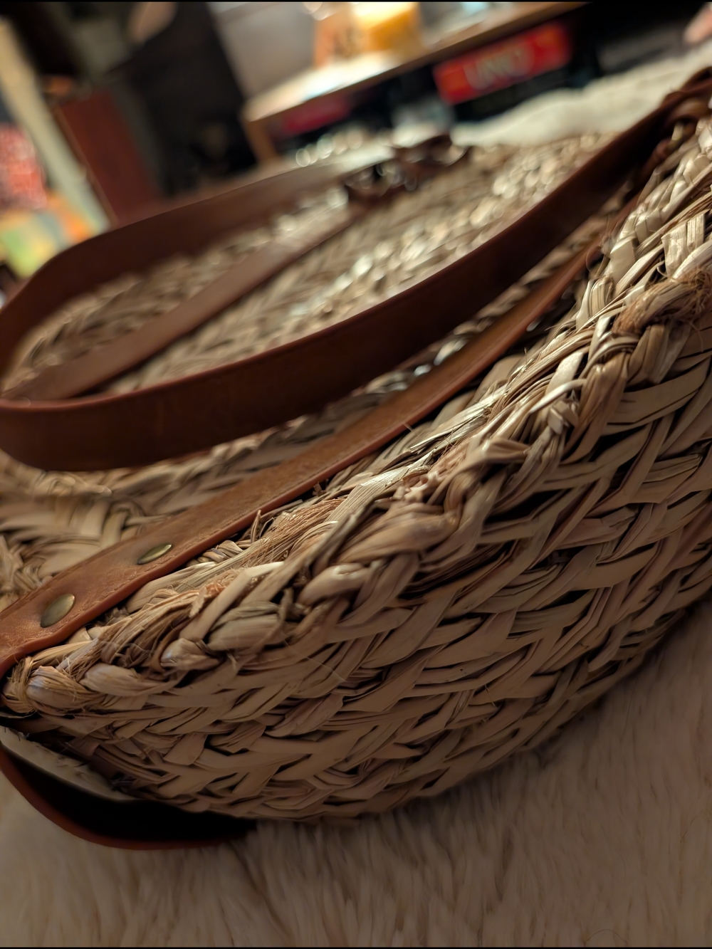 Woven Straw Tote Bag with Brown Leather Straps - Picture 2 of 6